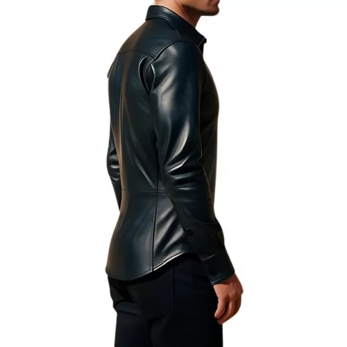 Chemise cintré en cuir d'agneau noir fermée par boutons modèle Barnaba