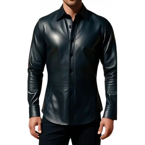 Chemise cintré en cuir d'agneau noir fermée par boutons modèle Barnaba