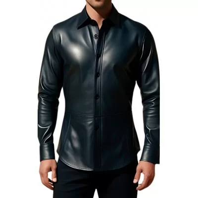 Chemise cintré en cuir d'agneau noir fermée par boutons modèle Barnaba