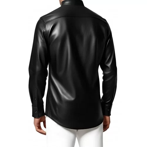Chemise col officier fermée par pressions en cuir d'agneau plongé noir modèle Jeff