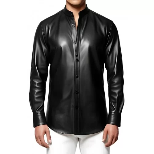 Chemise col officier fermée par pressions en cuir d'agneau plongé noir modèle Jeff