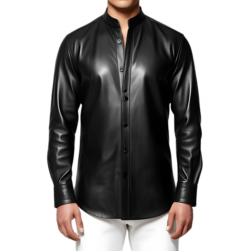 Chemise col officier fermée par pressions en cuir d'agneau plongé noir modèle Jeff