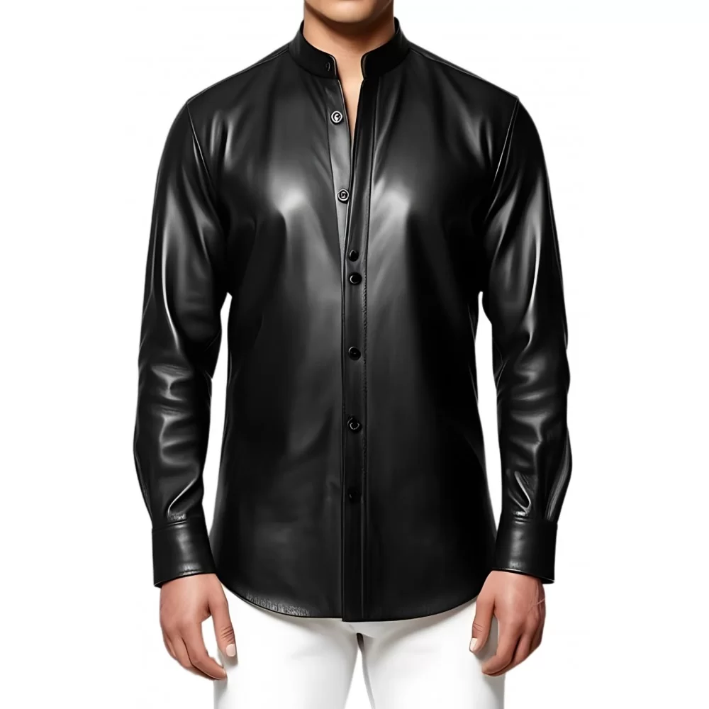 Chemise col officier fermée par pressions en cuir d'agneau plongé noir modèle Jeff
