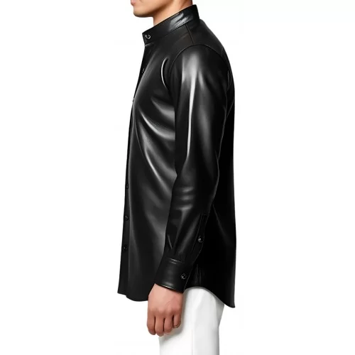 Chemise col officier fermée par pressions en cuir d'agneau plongé noir modèle Jeff
