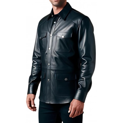Chemise type saharienne multi poches en agneau plongé noir modèle toor