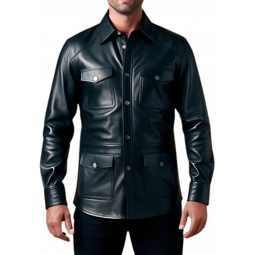 Chemise type saharienne multi poches en agneau plongé noir modèle toor