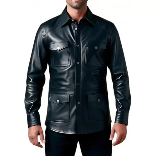 Chemise type saharienne multi poches en agneau plongé noir modèle toor