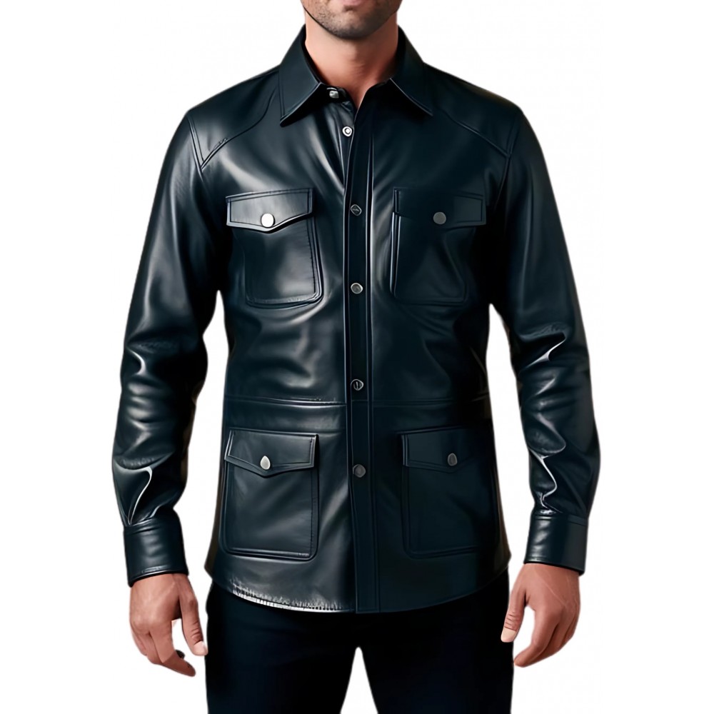 Chemise type saharienne multi poches en agneau plongé noir modèle toor