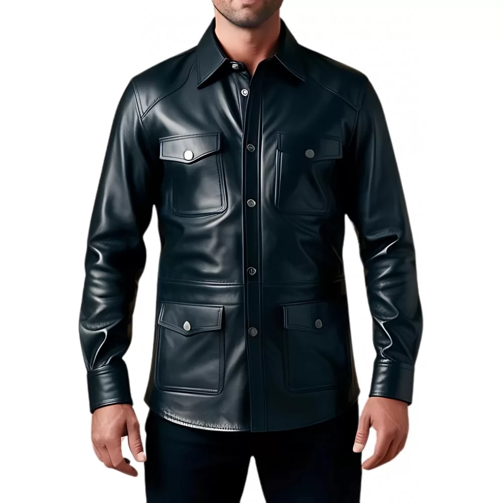 Chemise type saharienne multi poches en agneau plongé noir modèle toor
