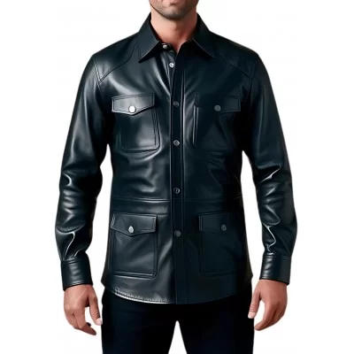Chemise type saharienne multi poches en agneau plongé noir modèle toor