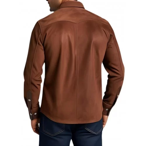 Chemise type western homme en agneau velours marron et cuir marron modèle Time