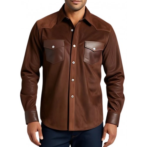 Chemise type western homme en agneau velours marron et cuir marron modèle Time
