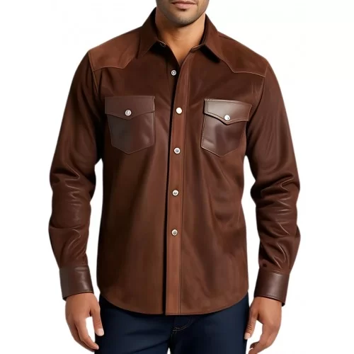 Chemise type western homme en agneau velours marron et cuir marron modèle Time