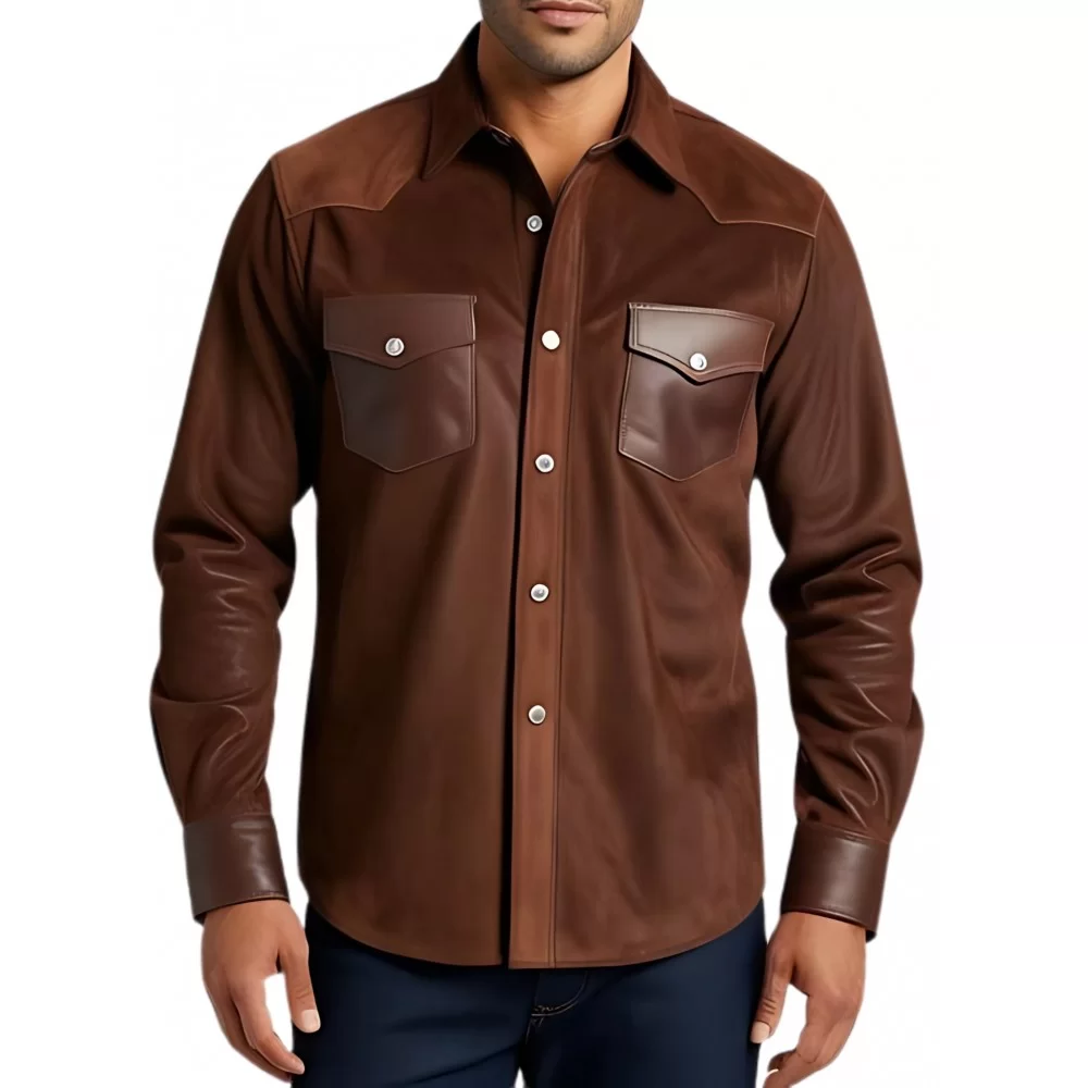 Chemise type western homme en agneau velours marron et cuir marron modèle Time