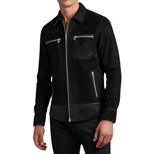 Chemise homme agneau velours et cuir noir modèle Usare