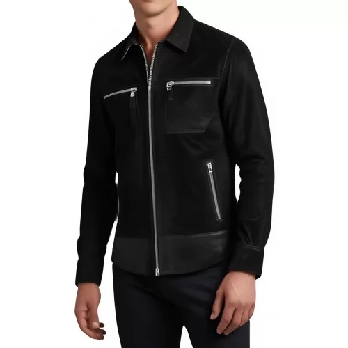 Chemise homme agneau velours et cuir noir modèle Usare