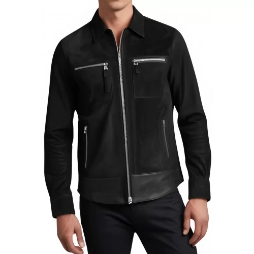 Chemise homme agneau velours et cuir noir modèle Usare
