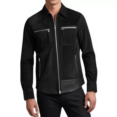 Chemise homme agneau velours et cuir noir modèle Usare