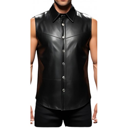 Chemise sans manches en cuir noir d'agneau modèle Prixmia