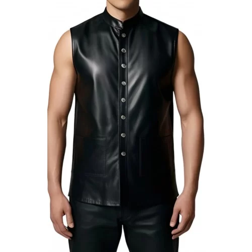 Chemise sans manches en cuir noir d'agneau modèle Parlio