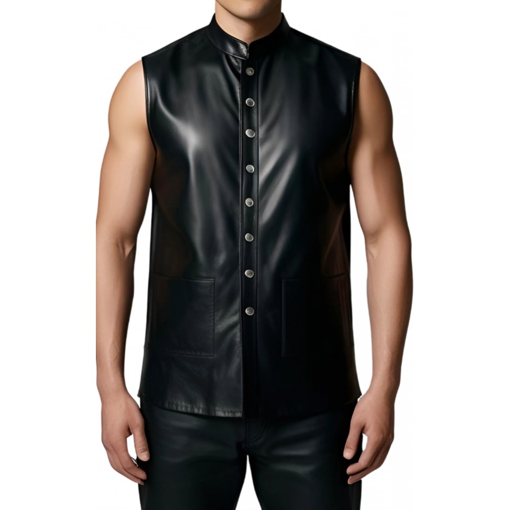 Chemise sans manches en cuir noir d'agneau modèle Parlio