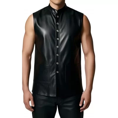 Chemise sans manches en cuir noir d'agneau modèle Parlio