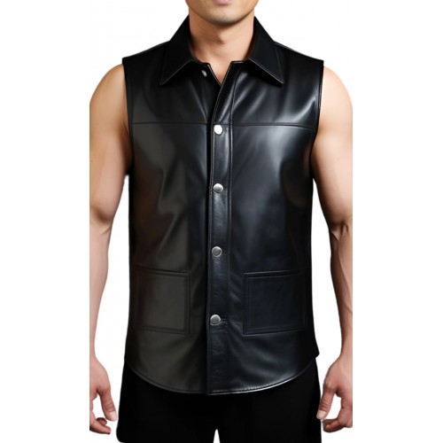 Chemise sans manches en cuir noir d'agneau modèle Filaro