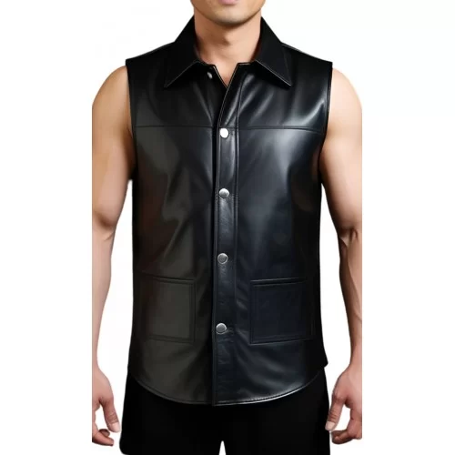 Chemise sans manches en cuir noir d'agneau modèle Filaro