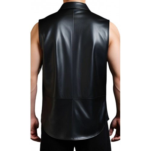 Chemise sans manches en cuir noir d'agneau modèle Filaro