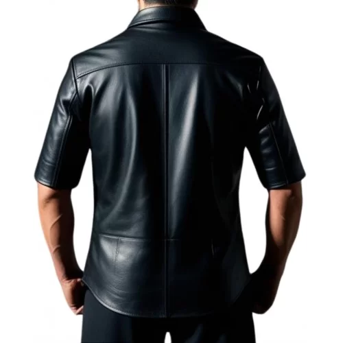 Chemise manches courtes en cuir noir d'agneau avec boutons sur l'avant modèle Xilimore