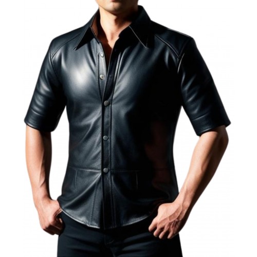 Chemise manches courtes en cuir noir d'agneau avec boutons sur l'avant modèle Xilimore