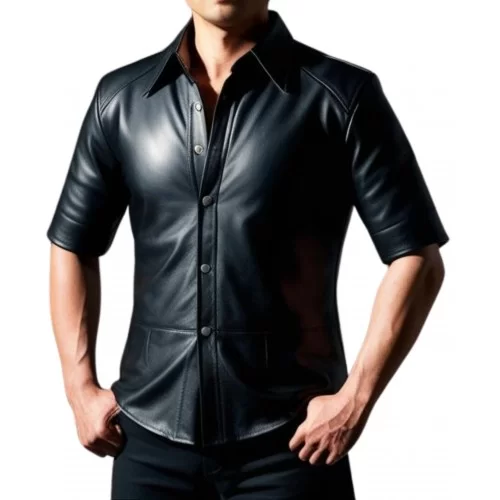 Chemise manches courtes en cuir noir d'agneau avec boutons sur l'avant modèle Xilimore