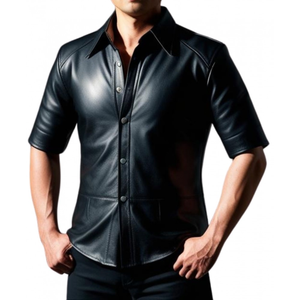 Chemise manches courtes en cuir noir d'agneau avec boutons sur l'avant modèle Xilimore
