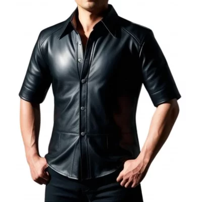 Chemise manches courtes en cuir noir d'agneau avec boutons sur l'avant modèle Xilimore