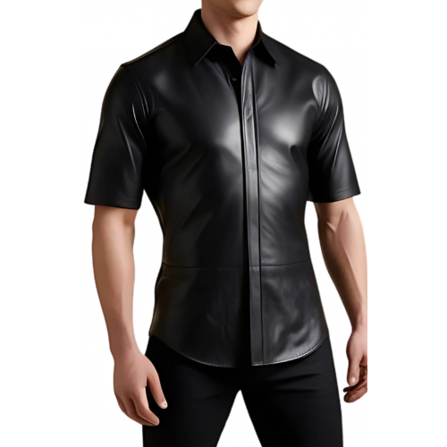 Chemise manches courtes cintrée en cuir noir d'agneau modèle Zirio