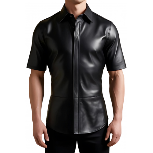 Chemise manches courtes cintrée en cuir noir d'agneau modèle Zirio