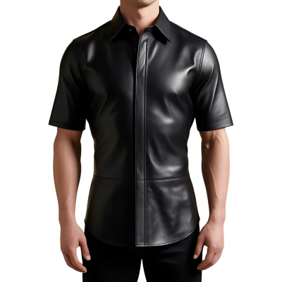 Chemise manches courtes cintrée en cuir noir d'agneau modèle Zirio
