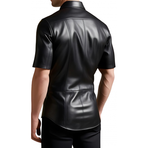 Chemise manches courtes cintrée en cuir noir d'agneau modèle Zirio