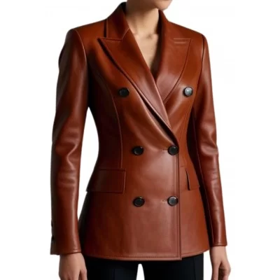 Veste blazer cuir croisée femme agneau plongé marron modèle Cira