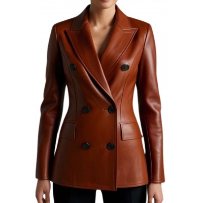 Veste blazer cuir croisée femme agneau plongé marron modèle Cira