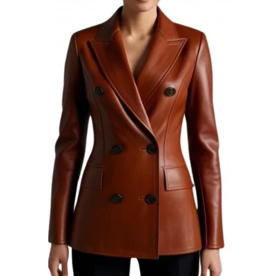 Veste blazer cuir croisée femme agneau plongé marron modèle Cira
