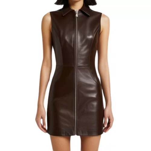 Robe cuir en agneau marron fermeture par zip devant et arrière modèle Yvone