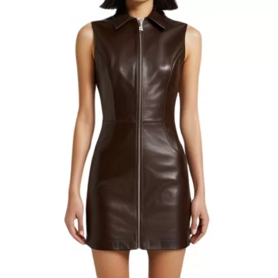 Robe cuir en agneau marron fermeture par zip devant et arrière modèle Yvone