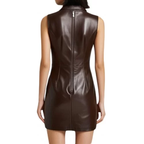 Robe cuir en agneau marron fermeture par zip devant et arrière modèle Yvone