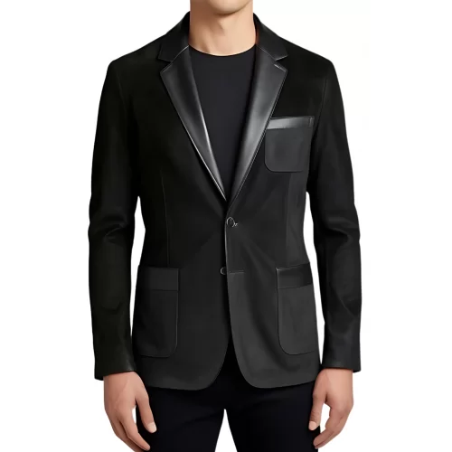 Blazer homme en agneau velours façon daim noir col et hauts de poches cuir noir modèle Ralone