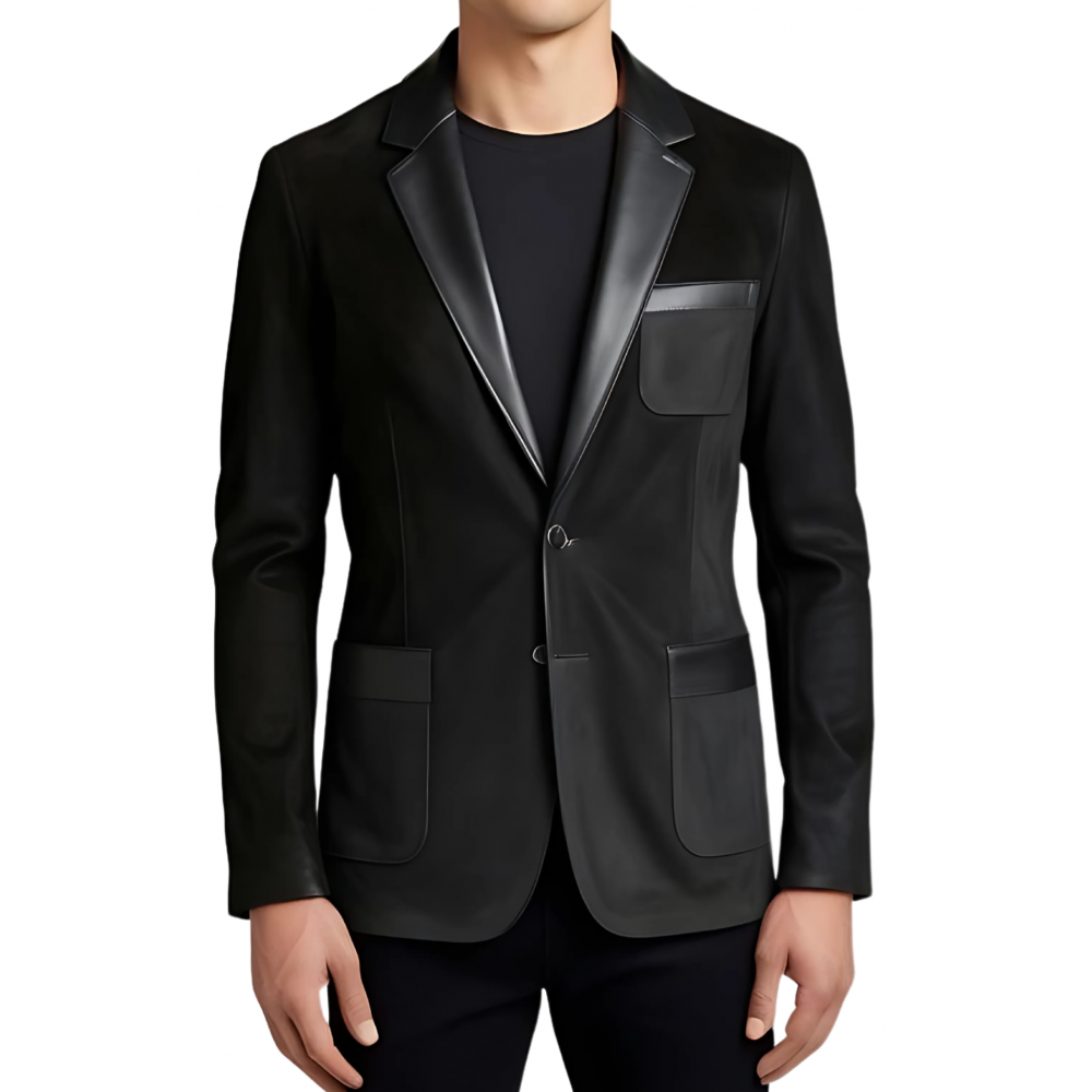 Blazer homme en agneau velours façon daim noir col et hauts de poches cuir noir modèle Ralone