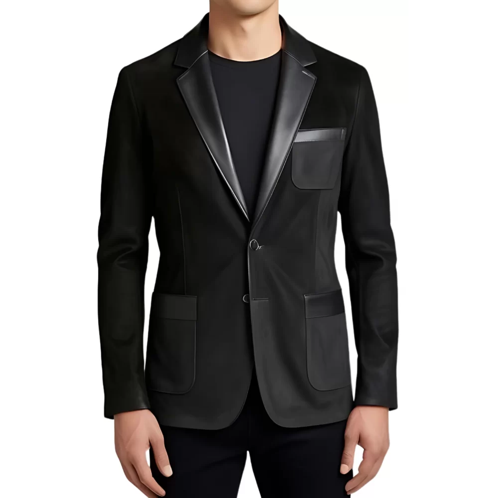 Blazer homme en agneau velours façon daim noir col et hauts de poches cuir noir modèle Ralone