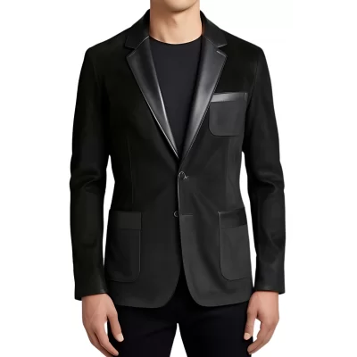 Blazer homme en agneau velours façon daim noir col et hauts de poches cuir noir modèle Ralone