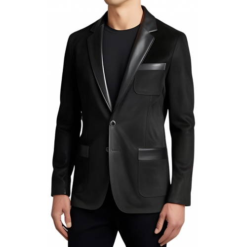Blazer homme en agneau velours façon daim noir col et hauts de poches cuir noir modèle Ralone