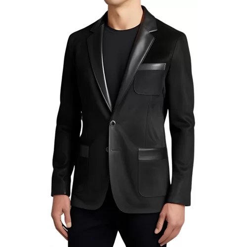 Blazer homme en agneau velours façon daim noir col et hauts de poches cuir noir modèle Ralone
